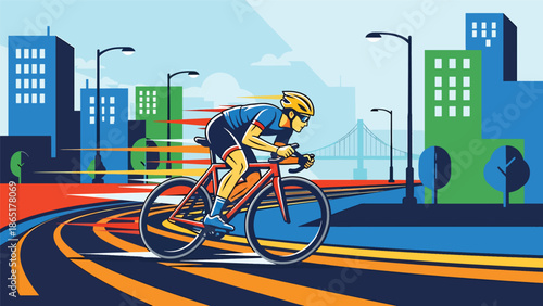 Urban cyclist racing mural vector illustration with flat solid colors and graffiti city background, dynamic street sports artwork for fitness, lifestyle, and modern advertising design