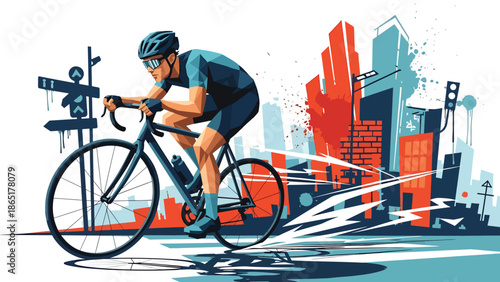 Urban cyclist racing mural vector illustration with flat solid colors and graffiti city background, dynamic street sports artwork for fitness, lifestyle, and modern advertising design
