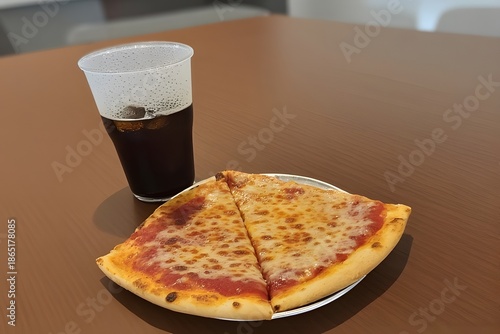 Two Slices of Cheese Pizza on Metal Tray with Iced ColaDrink
