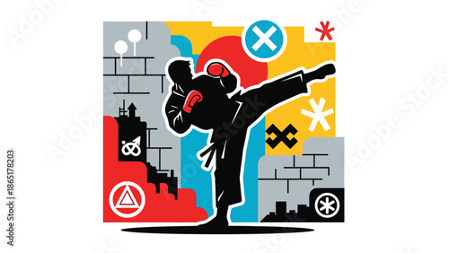 Martial artist high kick urban mural vector illustration with bold flat colors and graffiti city background, powerful street sports artwork for branding, fitness, and advertising projects