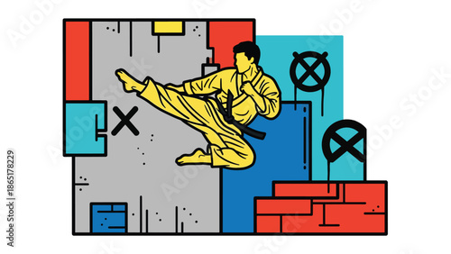 Martial artist high kick urban mural vector illustration with bold flat colors and graffiti city background, powerful street sports artwork for branding, fitness, and advertising projects