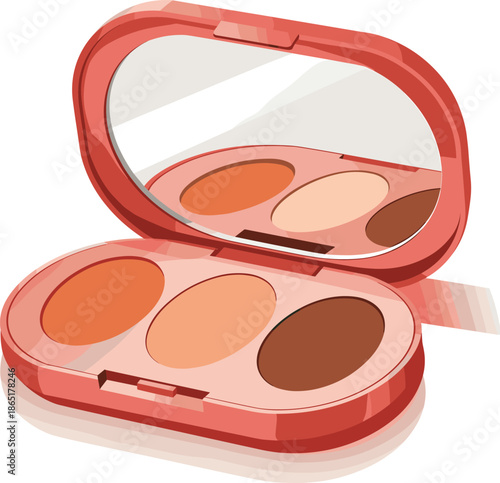 Open red makeup palette with three distinct eyeshadow shades in oval compartments