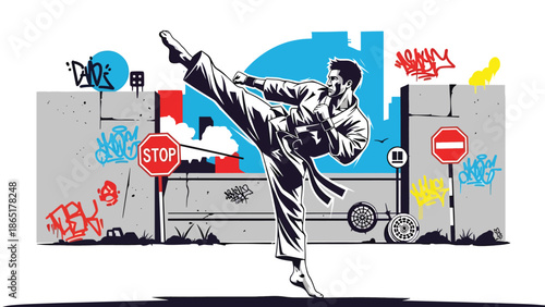 Martial artist high kick urban mural vector illustration with bold flat colors and graffiti city background, powerful street sports artwork for branding, fitness, and advertising projects