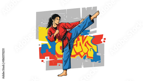 Martial artist high kick urban mural vector illustration with bold flat colors and graffiti city background, powerful street sports artwork for branding, fitness, and advertising projects
