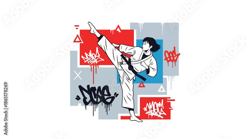 Martial artist high kick urban mural vector illustration with bold flat colors and graffiti city background, powerful street sports artwork for branding, fitness, and advertising projects