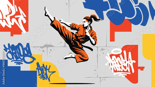 Martial artist high kick urban mural vector illustration with bold flat colors and graffiti city background, powerful street sports artwork for branding, fitness, and advertising projects