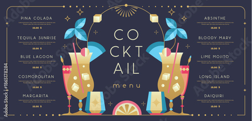 Retro holiday restaurant cocktail menu design on black background. Flat design. Vector illustration