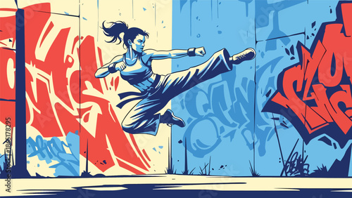 Martial artist high kick urban mural vector illustration with bold flat colors and graffiti city background, powerful street sports artwork for branding, fitness, and advertising projects