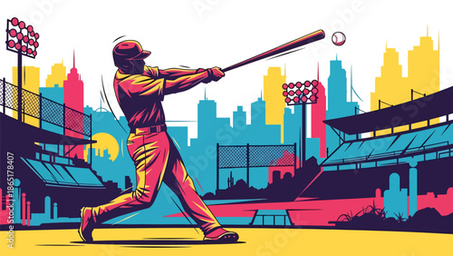 Baseball home run urban mural vector illustration with bold flat colors and graffiti city background, dynamic sports artwork designed for advertising, branding, and sports promotions