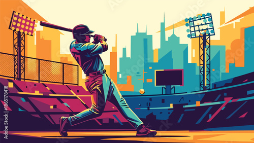 Baseball home run urban mural vector illustration with bold flat colors and graffiti city background, dynamic sports artwork designed for advertising, branding, and sports promotions