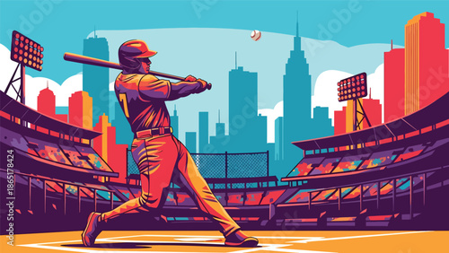 Baseball home run urban mural vector illustration with bold flat colors and graffiti city background, dynamic sports artwork designed for advertising, branding, and sports promotions