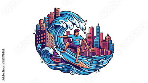 Urban surfer mural vector illustration blending ocean waves and city background with bold flat colors, modern street sports artwork for lifestyle branding and creative advertising projects