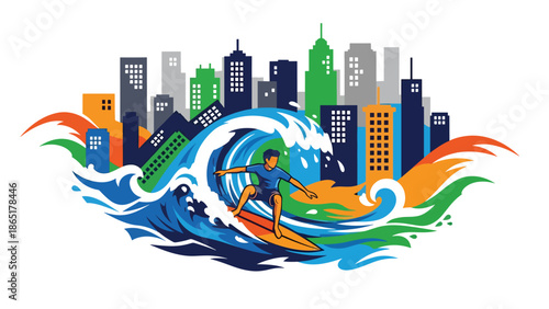 Urban surfer mural vector illustration blending ocean waves and city background with bold flat colors, modern street sports artwork for lifestyle branding and creative advertising projects