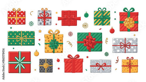 Diverse collection of festive Christmas gift boxes in various colors and patterns, adorned with ribbons, bows, and holiday decorations.