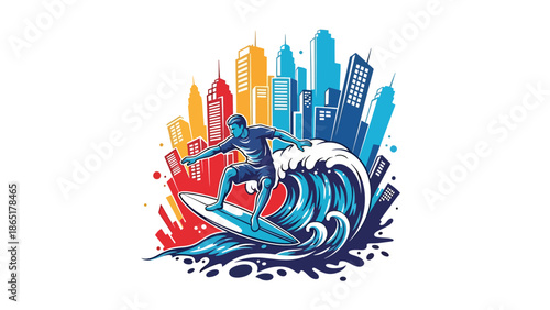 Urban surfer mural vector illustration blending ocean waves and city background with bold flat colors, modern street sports artwork for lifestyle branding and creative advertising projects