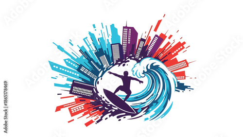 Urban surfer mural vector illustration blending ocean waves and city background with bold flat colors, modern street sports artwork for lifestyle branding and creative advertising projects