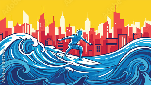 Urban surfer mural vector illustration blending ocean waves and city background with bold flat colors, modern street sports artwork for lifestyle branding and creative advertising projects