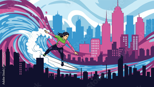 Urban surfer mural vector illustration blending ocean waves and city background with bold flat colors, modern street sports artwork for lifestyle branding and creative advertising projects