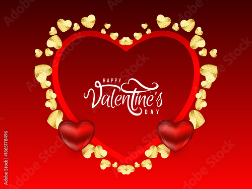 Heart-shaped frame with golden accents and shimmering hearts, featuring a red gradient background and 'Happy Valentine's Day' text, isolated on transparent background.