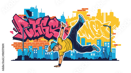 Breakdance street athlete mural vector illustration with bold flat colors and graffiti city background, energetic urban sports artwork for youth culture and modern advertising use