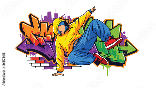 Breakdance street athlete mural vector illustration with bold flat colors and graffiti city background, energetic urban sports artwork for youth culture and modern advertising use