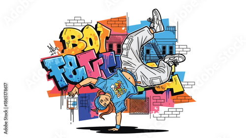 Breakdance street athlete mural vector illustration with bold flat colors and graffiti city background, energetic urban sports artwork for youth culture and modern advertising use