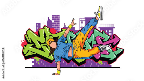 Breakdance street athlete mural vector illustration with bold flat colors and graffiti city background, energetic urban sports artwork for youth culture and modern advertising use