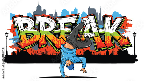 Breakdance street athlete mural vector illustration with bold flat colors and graffiti city background, energetic urban sports artwork for youth culture and modern advertising use