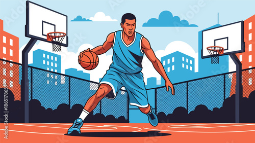 Street basketball dribbling mural vector illustration with bold flat colors and graffiti court background, modern urban sports artwork designed for advertising and branding campaigns