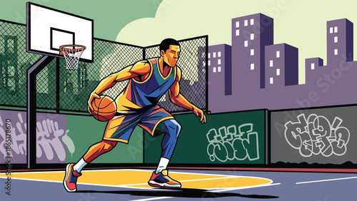 Street basketball dribbling mural vector illustration with bold flat colors and graffiti court background, modern urban sports artwork designed for advertising and branding campaigns