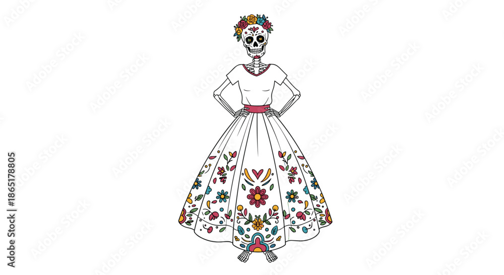 Fototapeta premium Female skeleton character La Catrina in a traditional floral dress celebrating the Mexican Day of the Dead holiday.