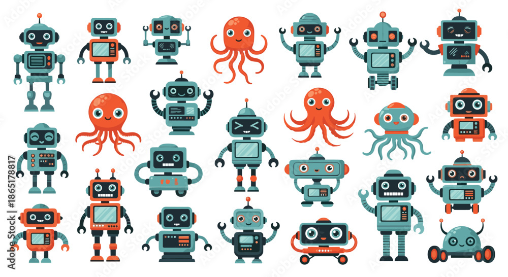Fototapeta premium Large collection of cute cartoon robots and octopuses with different emotions and designs for kids' technology themes.
