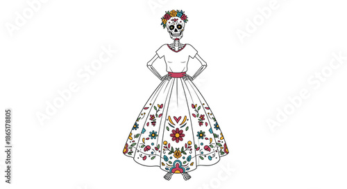 Female skeleton character La Catrina in a traditional floral dress celebrating the Mexican Day of the Dead holiday.