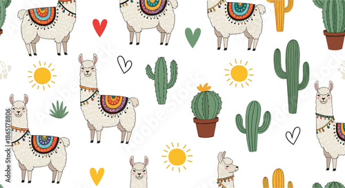 Seamless pattern with cute cartoon llamas, cacti, and hearts in a playful hand-drawn style for kids' nursery decor.