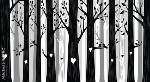 Black and white silhouette of an enchanting forest with love birds and hearts on the tree branches for a romantic card.