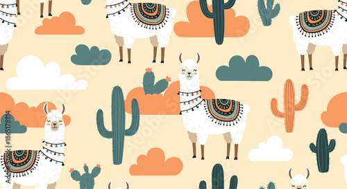 Seamless pattern with cute cartoon llamas, cacti, and clouds on a beige background for nursery fabric and wallpaper.