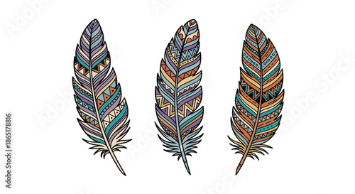 Three colorful hand-drawn bird feathers with intricate geometric patterns in a bohemian and tribal decorative style.