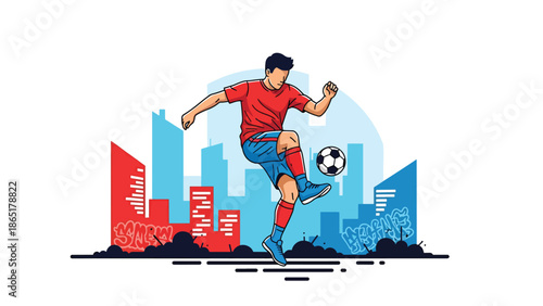 Freestyle street soccer mural vector illustration with bold flat colors and graffiti city background, dynamic football artwork created for advertising, branding, and youth culture design