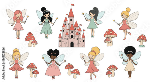Cute collection of diverse cartoon fairies with a magical pink princess castle and mushroom houses for a fairytale theme.