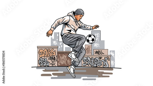 Freestyle street soccer mural vector illustration with bold flat colors and graffiti city background, dynamic football artwork created for advertising, branding, and youth culture design