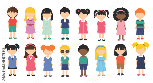 A diverse group of cute, faceless cartoon children from different ethnicities standing together in two rows on a white background.