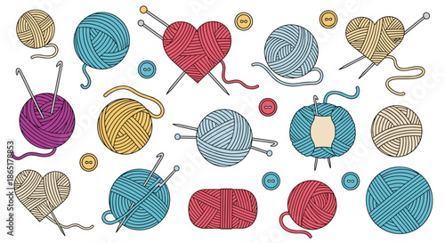 A colorful collection of yarn balls and knitting supplies, including needles, crochet hooks, and buttons, in a hand-drawn style.