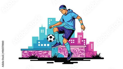 Freestyle street soccer mural vector illustration with bold flat colors and graffiti city background, dynamic football artwork created for advertising, branding, and youth culture design