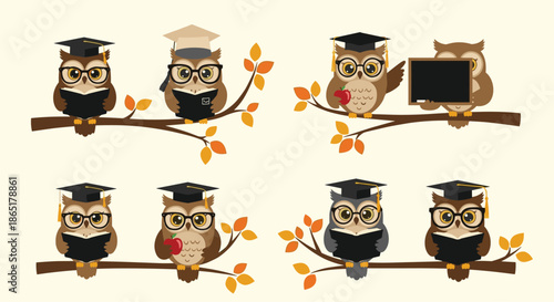 A charming set of wise cartoon owls wearing graduation caps and glasses, sitting on branches with books and a chalkboard vector.