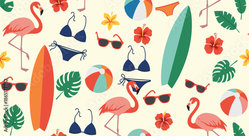 A fun seamless summer beach pattern with flamingos, surfboards, bikinis, sunglasses, beach balls, and tropical flowers vector.