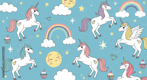A magical and cute seamless pattern for kids with unicorns, rainbows, clouds, stars, and cupcakes on a light blue background.