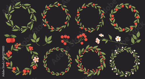 A beautiful set of Christmas wreaths and floral elements with red berries and green leaves, hand-drawn on a dark background.