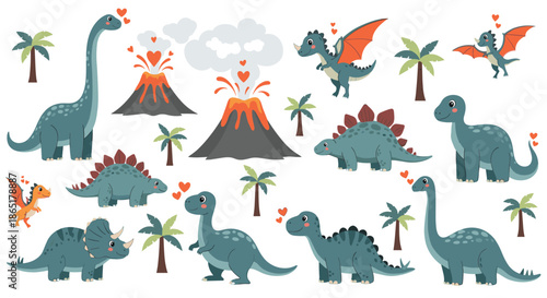 A cute collection of cartoon dinosaurs in love, with erupting volcanoes, palm trees, and hearts, perfect for Valentine's Day designs.