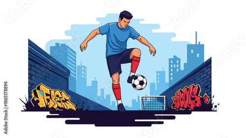 Freestyle street soccer mural vector illustration with bold flat colors and graffiti city background, dynamic football artwork created for advertising, branding, and youth culture design