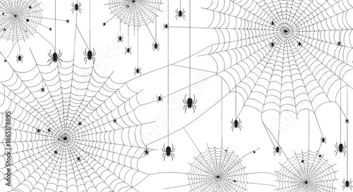 A spooky seamless Halloween background pattern with a dense network of black spiderwebs and spiders on a clean white background.